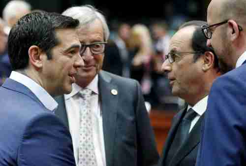 (L-R) Greece's PM Alexis Tsipras, European Commission president Jean-Claude Jüncker, France's president François Hollande, Belgium's PM Charles Michel, at Eurogroup in Brussels on Sunday (Reuters)