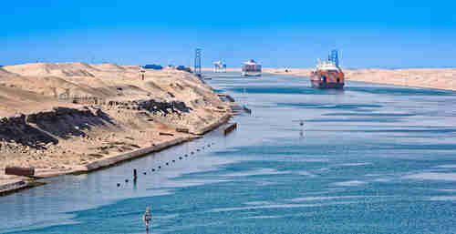 Convoy of ships passing through Suez Canal