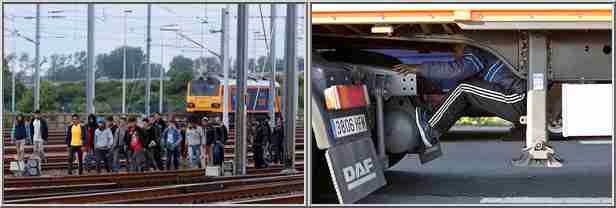 Left: Migrants in Calais walk to Eurotunnel over tracks (AP); Right: Migrant hides under truck to Britain (Reuters)