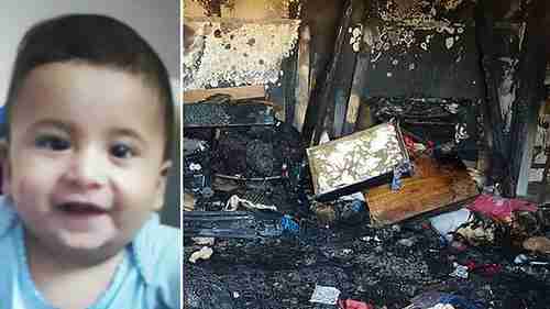 Ali Dawabsheh, the baby killed in the fire, and the damaged home (Ynet)