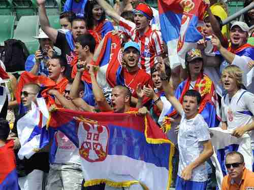 Serb football (soccer) fans. For reasons of security, Serb fans were banned from Croatia home games versus Serbia in the World Cup qualifying competitions in 2013. (Croatia Week)