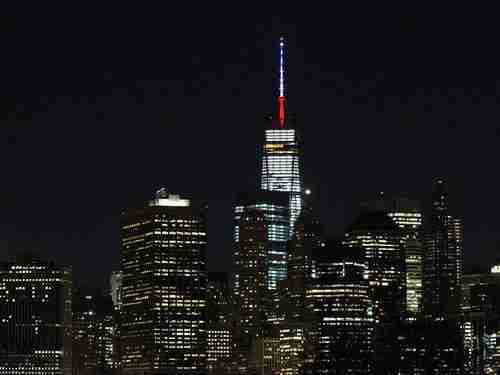 New York's World Trade Center displaying France's colors - blue, white and red