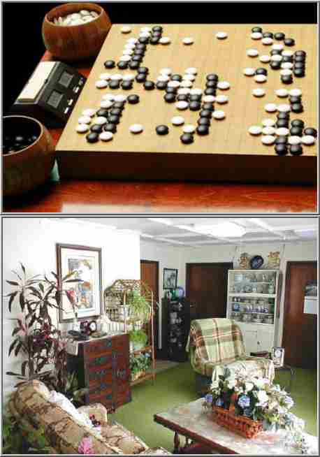 Two pattern recognition problems. Top: Find the best move in a Go position. Bottom: Find the clock in the room.