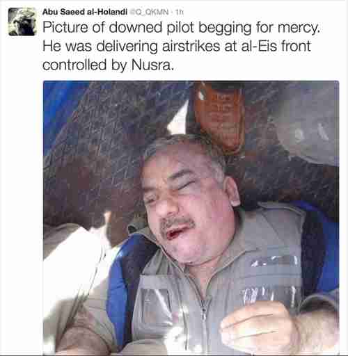 Ahrar al Sham (al-Nusra) tweet posted after the Syrian warplane was shot down, with a picture of the captured Syrian pilot (Long War Journal)