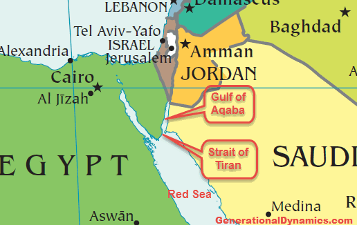 Map showing the Red Sea, Strait of Tiran, and Gulf of Aqaba