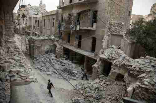 A neighborhood of Aleppo Syria, after being targeted by Syrian regime airstrikes (AFP)