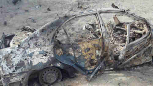 Wreckage of vehicle in which Mansour was traveling when hit by US drone strike (Anadolu)