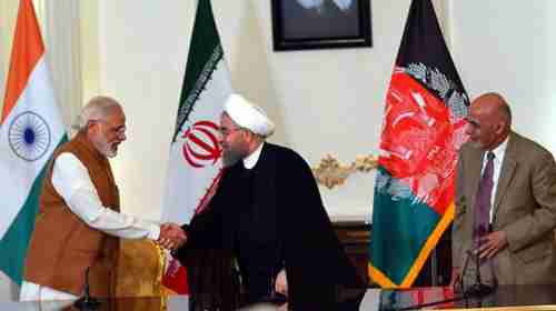 Narendra Modi, Hassan Rouhani and Ashraf Ghani in Tehran on Tuesday (PTI)