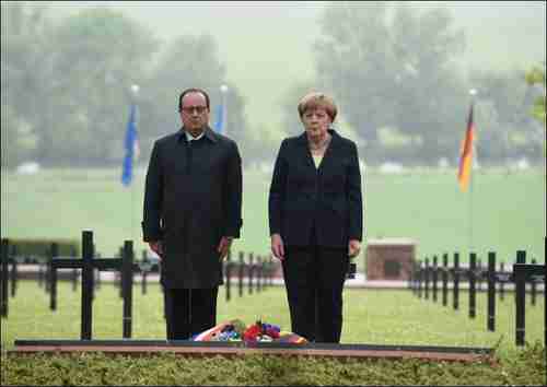 Angela Merkel and François Hollande commemorate the Battle of Verdun on Sunday (AFP)