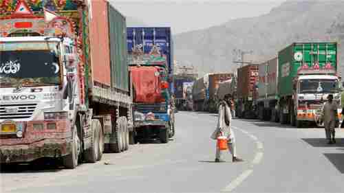 Hundreds of trucks backed up at the Torkham border crossing between Pakistan and Afghanistan (Reuters)
