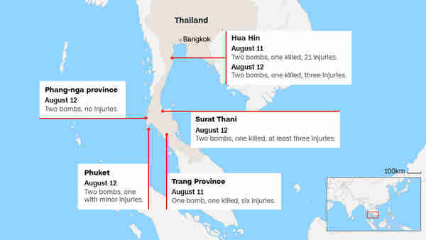 Map of southern Thailand showing sites of the bombings (CNN)