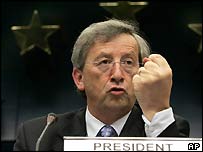 Jean-Claude Jüncker in 2005, shaking his fist at British prime minister Tony Blair (BBC)
